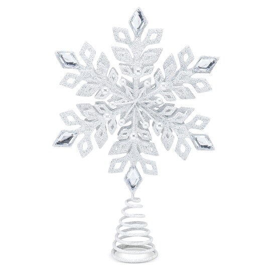 Ornativity Glitter Snowflake Tree Topper - White Sparkling Christmas Tree Decoration with Gem Design